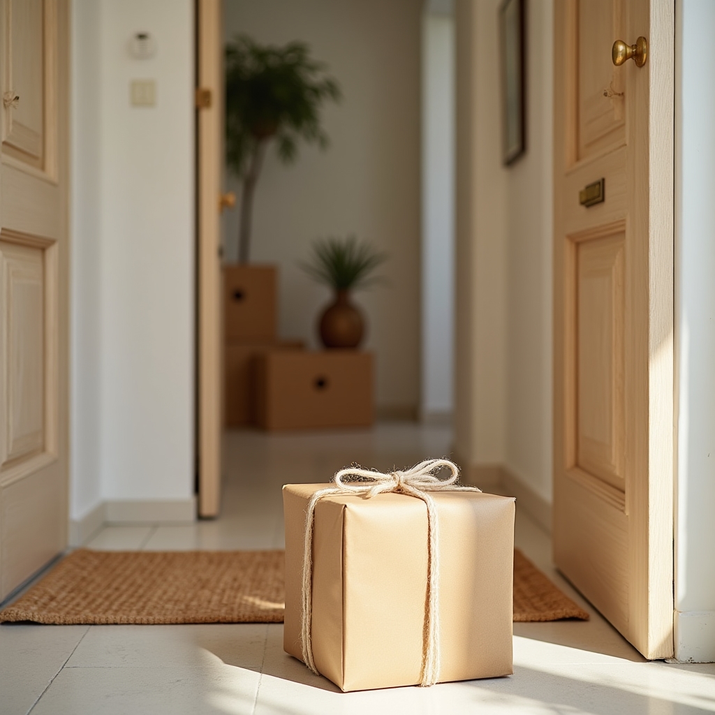 Geschenkbox zum Einzug steht vor der Tür einer neuen Wohnung