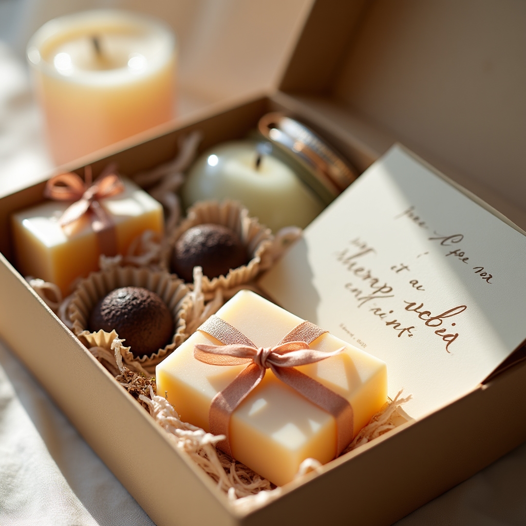 Handgeschriebene Grußkarte liegt neben einer Geschenkbox zur Hochzeit